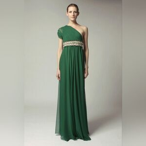 Naeem Khan Silk One Shoulder Crystal Waist Evening Gown in Emerald Green…